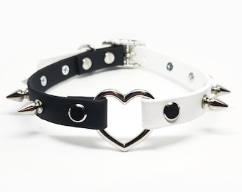 AORTA SINISTER heart collar in black & white vegan leather, half and half, duotone, 2 tone