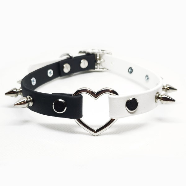 AORTA SINISTER heart collar in black & white vegan leather, half and half, duotone, 2 tone