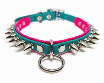 ONYX MINI spiked ring collar in magenta vegan leather