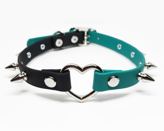 AORTA SINISTER DUOTONE vegan leather heart collar, spiked o-ring choker, custom color