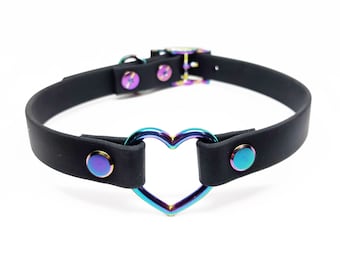 AORTA RAINBOW heart collar in black vegan leather w/ rainbow chrome hardware