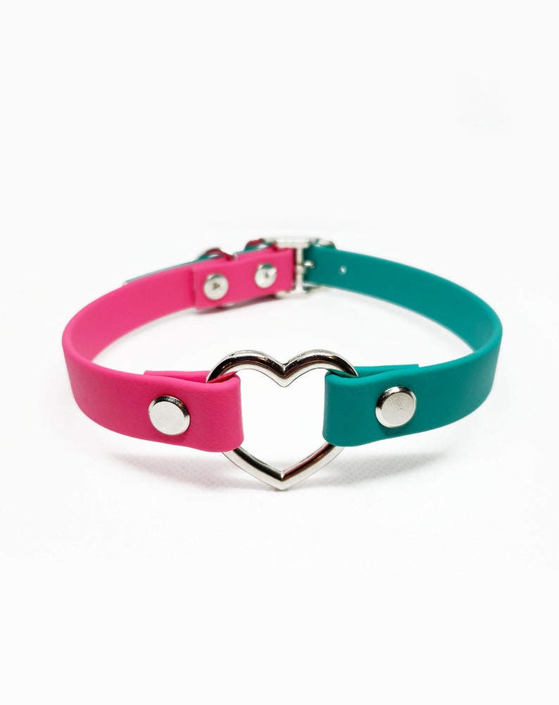 Choose your own colors AORTA DUOTONE vegan leather heart collar, half and half, 2 tone, custom image 1