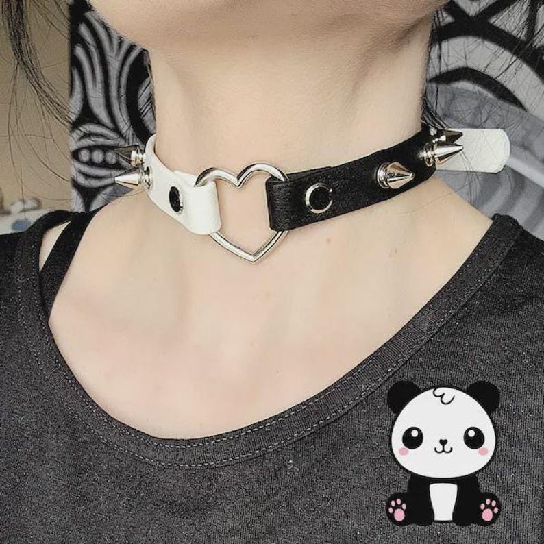 AORTA SINISTER DUOTONE vegan leather heart collar, black & white spiked choker afbeelding 4