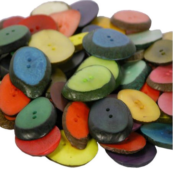 Large Colorful Dyed Tagua Slice Buttons - Orange, Purple, Light Green, Red, Turquoise, Black, Saffron Yellow, Fuschia, Brown-Ecuador