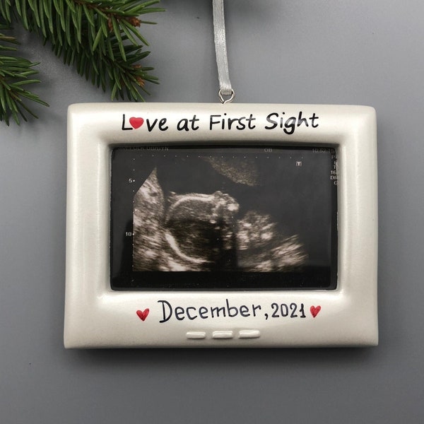 Ultrasound Picture Frame Personalized Christmas Ornament, Sonogram Personalized Ornament, Love at First Sight Ornament