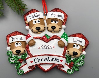 4 Teddy Bears Personalized Christmas Ornament, Family of Four Bears Ornament, Family of Four Personalized Christmas Ornament