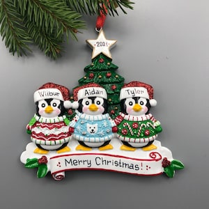 3 Penguin Family in Ugly Sweaters Christmas Ornament, Ugly Xmas Sweaters Ornament, Family of 3 Personalized Christmas Ornament