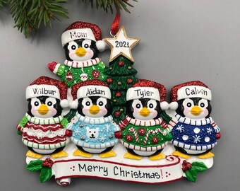 Family of Five Penguins Christmas Ornament - Ugly Sweaters Christmas Ornament, Customized Christmas Ornament