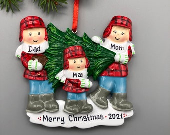 3 People Choosing a Christmas Tree Personalized Ornament, Family of 3 Personalized Christmas Ornament