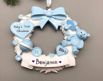 Baby Boy Personalized Christmas Ornament, Baby First Christmas Ornament, Hand Personalized Christmas Ornament