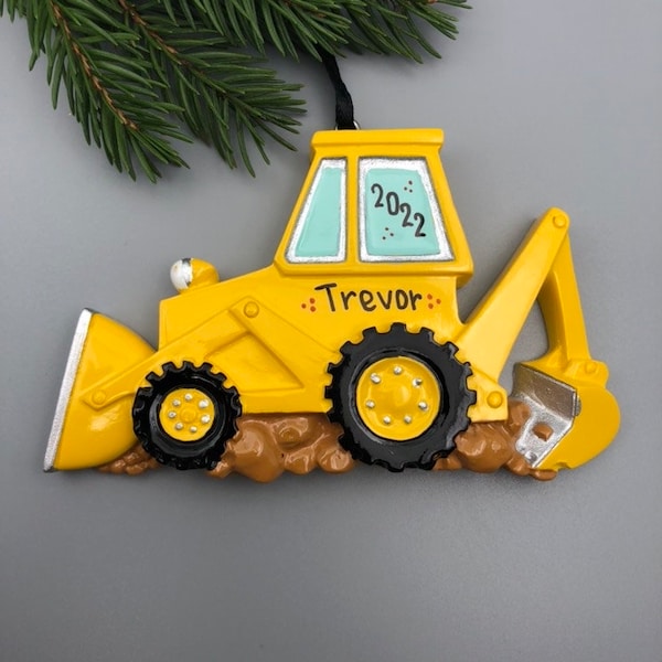 Personalized Bulldozer Ornament, Personalized Excavator Ornament, Yellow Backhoe Ornament, Construction Vehicle Christmas Ornament