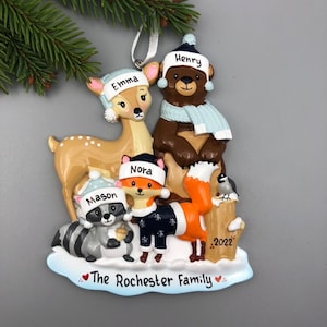 4 Woodland Animals Family Christmas Ornament, Personalized Woodland Family of Four Christmas Ornament, Hand Personalized Christmas Ornament