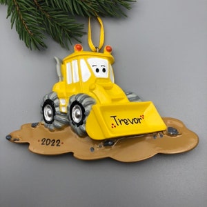 Personalized Bulldozer Christmas Ornament,  Yellow Backhoe Ornament, Construction Vehicle Ornament, Hand Personalized Christmas Ornaments