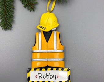 Construction Worker Personalized Ornament, Yellow Safety Vest Ornament, Safety Hardhat Ornament, Engineering Christmas Ornament