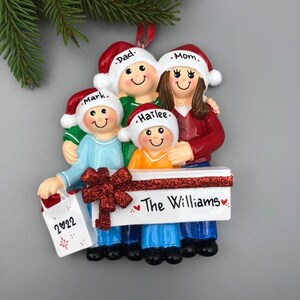4 People Family Personalized Christmas Ornament, Family of four with a Gift Box Christmas Ornament, Hand Personalized Christmas Ornament