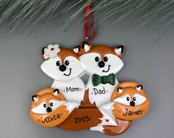 Foxes Family of 4 Personalized Christmas Ornament, Foxes Family of Four Christmas Ornament, Hand Personalized Christmas Ornament