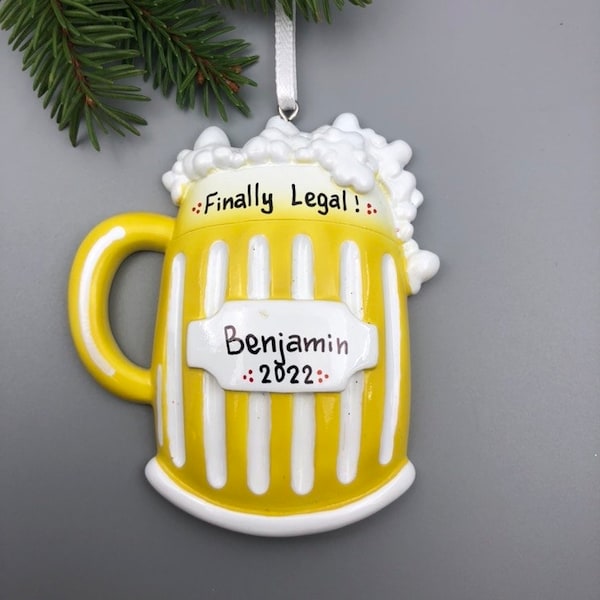 Beer Mug Personalized Christmas Ornament, 21st Birthday Christmas Ornament, Finally Legal Christmas Ornament, Beer Lover Christmas Ornament