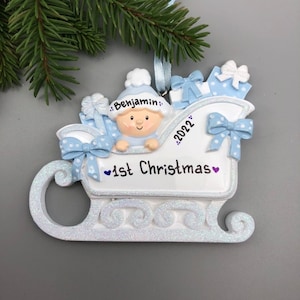Blue Sleigh Personalized Christmas Ornament, Baby’s First Christmas Ornament, Baby Boy Christmas Ornament