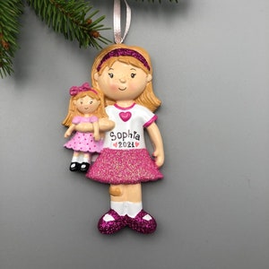 Girl With a Doll Ornament, Pink Girl Christmas Ornament, Little Girl Ornament, Personalized Girl Christmas Ornament