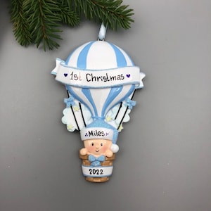 Blue Hot Air Balloon Personalized Christmas Ornament, Baby’s First Christmas Ornament, Baby Boy Christmas Ornament