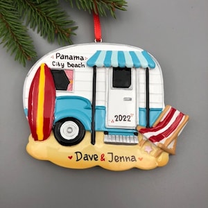 Personalized Beach Camper Christmas Ornament, Pull Trailer Ornament, Vintage Beach Camper Ornament, Customizable Camping Keepsake