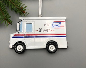 Personalized Mail Truck Christmas Ornament, Mail Carrier Ornament, Post Office Ornament, Essential Worker Gift, Mailman Christmas Keepsake