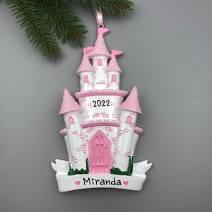 Pink Castle Personalized Christmas Ornament, Princess Castle Christmas Ornament, Hand Personalized Christmas Ornament