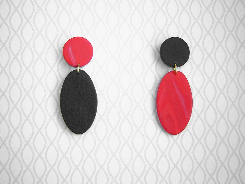Stone Earrings Modern Earrings Minimalist Earrings Statement Earrings Red Marble and Black Asymmetric Polymer Clay Stud Earrings