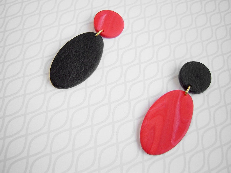 Stone Earrings Modern Earrings Minimalist Earrings Statement Earrings Red Marble and Black Asymmetric Polymer Clay Stud Earrings