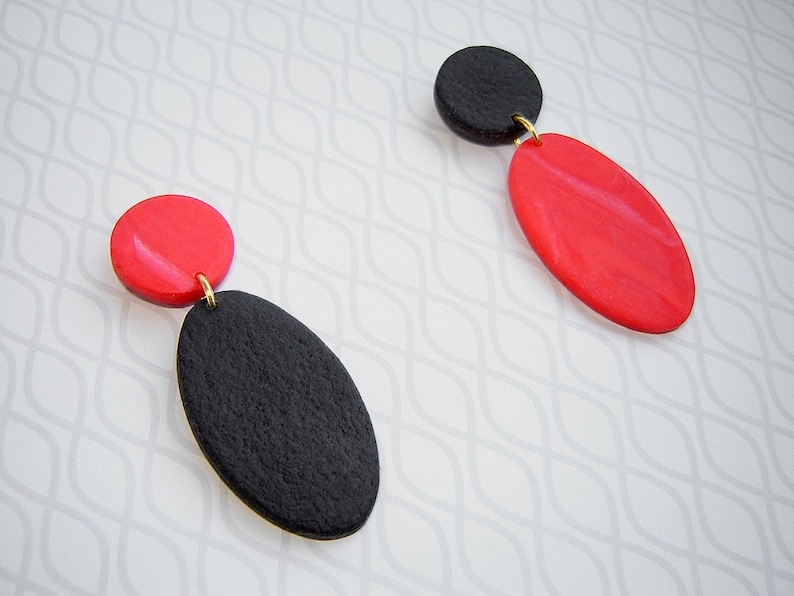Stone Earrings Modern Earrings Minimalist Earrings Statement Earrings Red Marble and Black Asymmetric Polymer Clay Stud Earrings