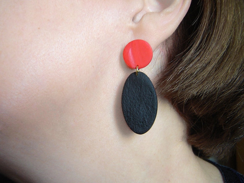 Stone Earrings Modern Earrings Minimalist Earrings Statement Earrings Red Marble and Black Asymmetric Polymer Clay Stud Earrings