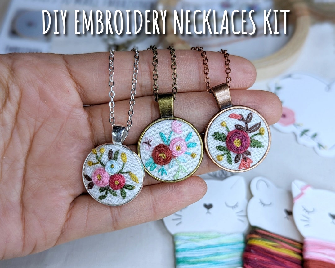 3 DIY Floral Embroidery Necklaces Kit With Tutorial Make Your Own