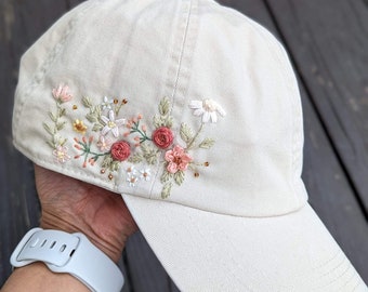 Embroidered floral on Khaki baseball hat Women Hat 100% Cotton Hat