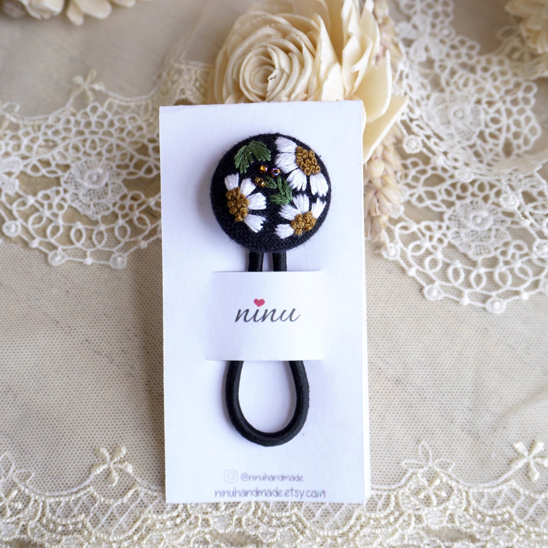 White Daisy on Black Hand Embroidery Hair Tie Flower Hair Tie Gift for