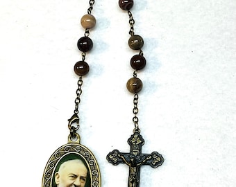 St Pio Chaplet in Bronze with 8mm Petrified Wood beads