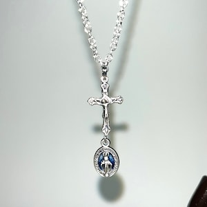 Silver Crucifix and Miraculous Medal on silver chain necklace