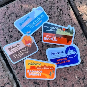 Park Ride Assorted Mini Stickers, Disneyland ride signs, Disneyworld ride stickers, sticker for water bottle,  sticker pack for planner