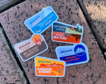 Park Ride Assorted Mini Stickers, Disneyland ride signs, Disneyworld ride stickers, sticker for water bottle,  sticker pack for planner