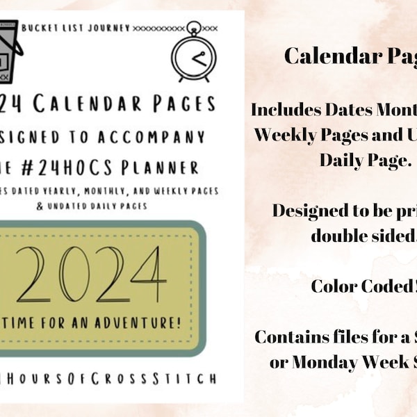 2024 Printable Calendar - #24HOCS Add On or Stand Alone - Cross Stitch Calendar