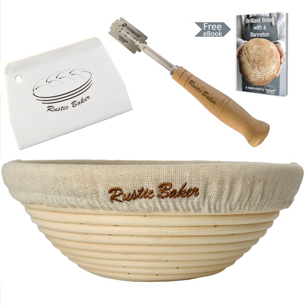 Round Banneton Proofing Basket Set, Dough Proving Kit, 9 inch, Bread scoring lame & scraper included, Brotform, Professional Sourdough Bowl