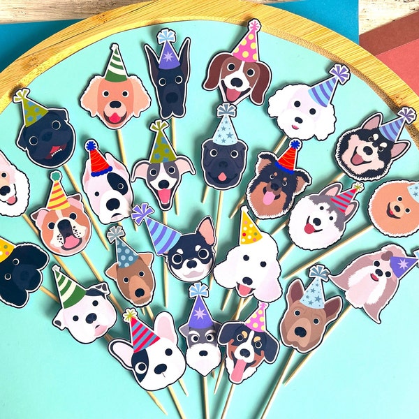 Set of 24 pieces Puppy Cupcake Toppers, Dog cupcake topper, Dog happy birthday, Paw-ty, Dog party, Dog cupcake, puppy party, puppy birthday.