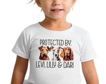 Protected by Dog Breed Onesie®, Custom Dog Peeking Toddler Shirt, Personalized Dog Name Youth Tee, Newborn Baby Gift, New Parents Onesie®