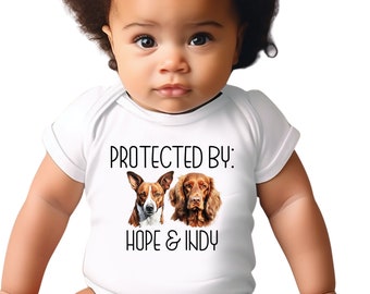 Protected by Dog Breed Onesie®, Custom Dog Peeking Toddler Shirt, Personalized Dog Name Youth Tee, Newborn Baby Gift, New Parents Onesie®