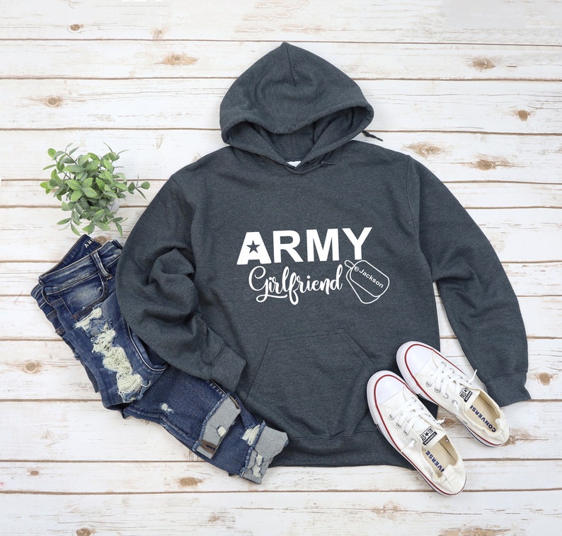 Army Girlfriend Sweatshirt, Personalized Army Girlfriend Hoodie, Custom Name Military Dod Tag Design on Sweatshirt. image 4