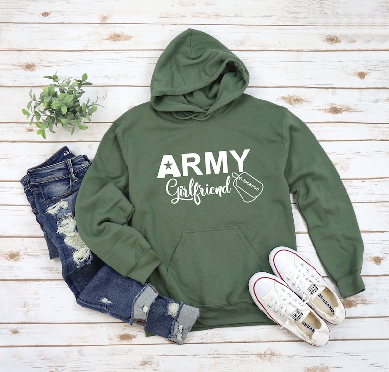 Army Girlfriend Sweatshirt, Personalized Army Girlfriend Hoodie, Custom Name Military Dod Tag Design on Sweatshirt. image 2