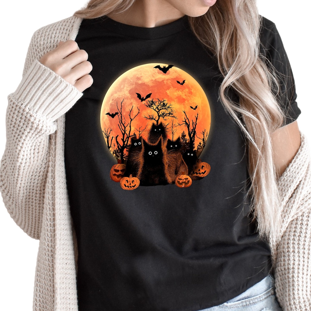 Black Cat Halloween Shirt, Halloween Cat Moon Tshirt, Gift for Cat