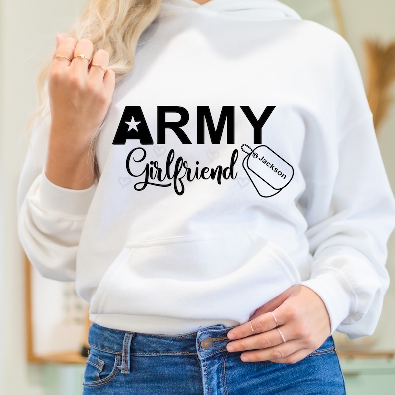 Army Girlfriend Sweatshirt, Personalized Army Girlfriend Hoodie, Custom Name Military Dod Tag Design on Sweatshirt. image 3