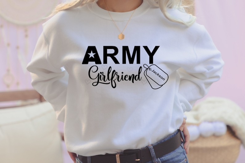 Army Girlfriend Sweatshirt, Personalized Army Girlfriend Hoodie, Custom Name Military Dod Tag Design on Sweatshirt. image 7