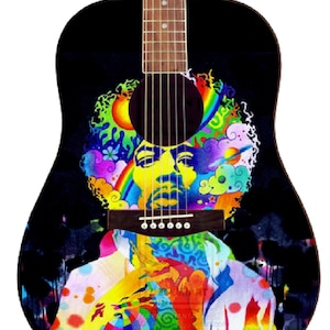May include: A black acoustic guitar with a colorful psychedelic design featuring a portrait of Jimi Hendrix. The guitar has a soundhole with a black ring around it and a brown wooden neck.