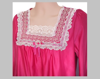Barbizon Nightgown Medium Vintage 80s 90s Cuddleskin Hot Pink Satin Lace Trim USA Grandma Granny